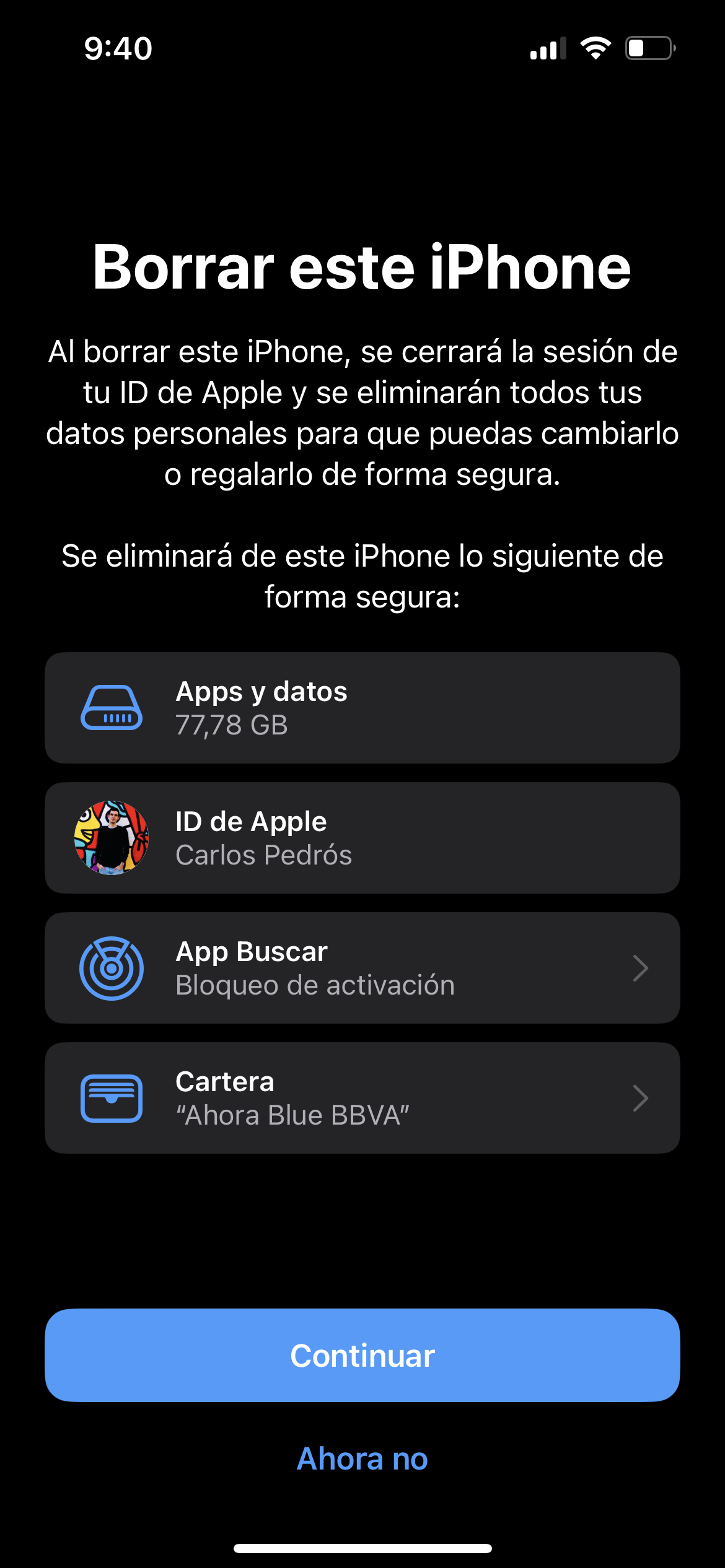 Menú para borrar todos los ajustes del iPhone