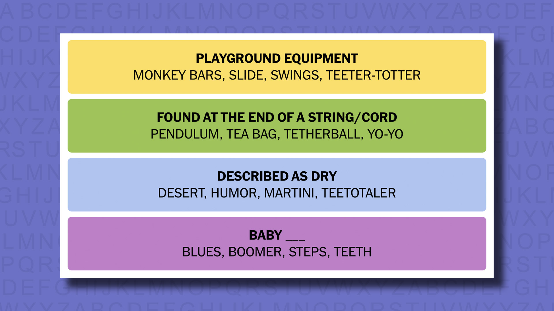 NYT Connections answers for game 444 on purple background