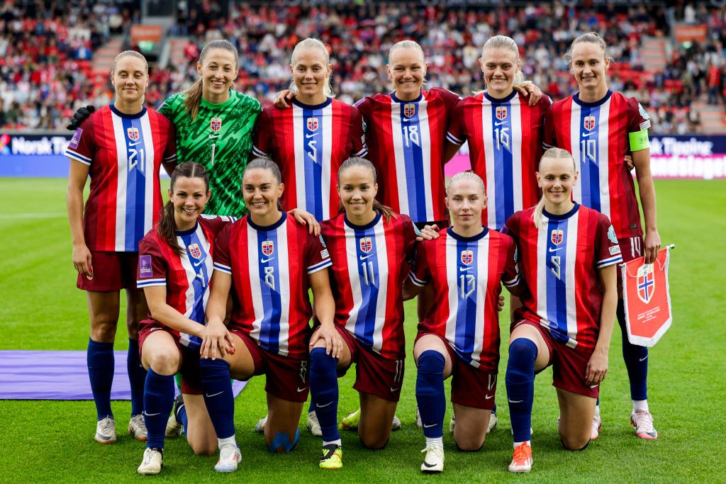 Norway&#039;s women national football team poses prior the UEFA women&#039;s Euro 2025 qualifying football match league A, group 1 between Norway and the Netherlands at Brann Stadium in Bergen, Norway on July 16, 2024.