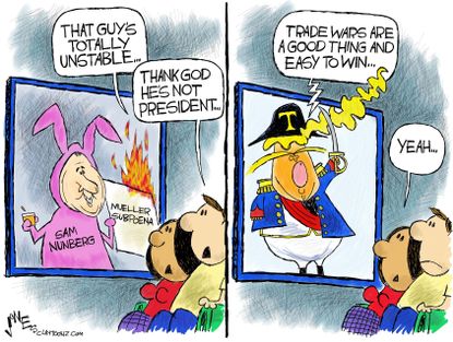 Political cartoon U.S. Sam Nunberg interview Trump trade war Napoleon instability