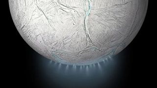 An illustration shows icy plumes blasting out from Saturn’s moon Enceladus something Mimas is missing.