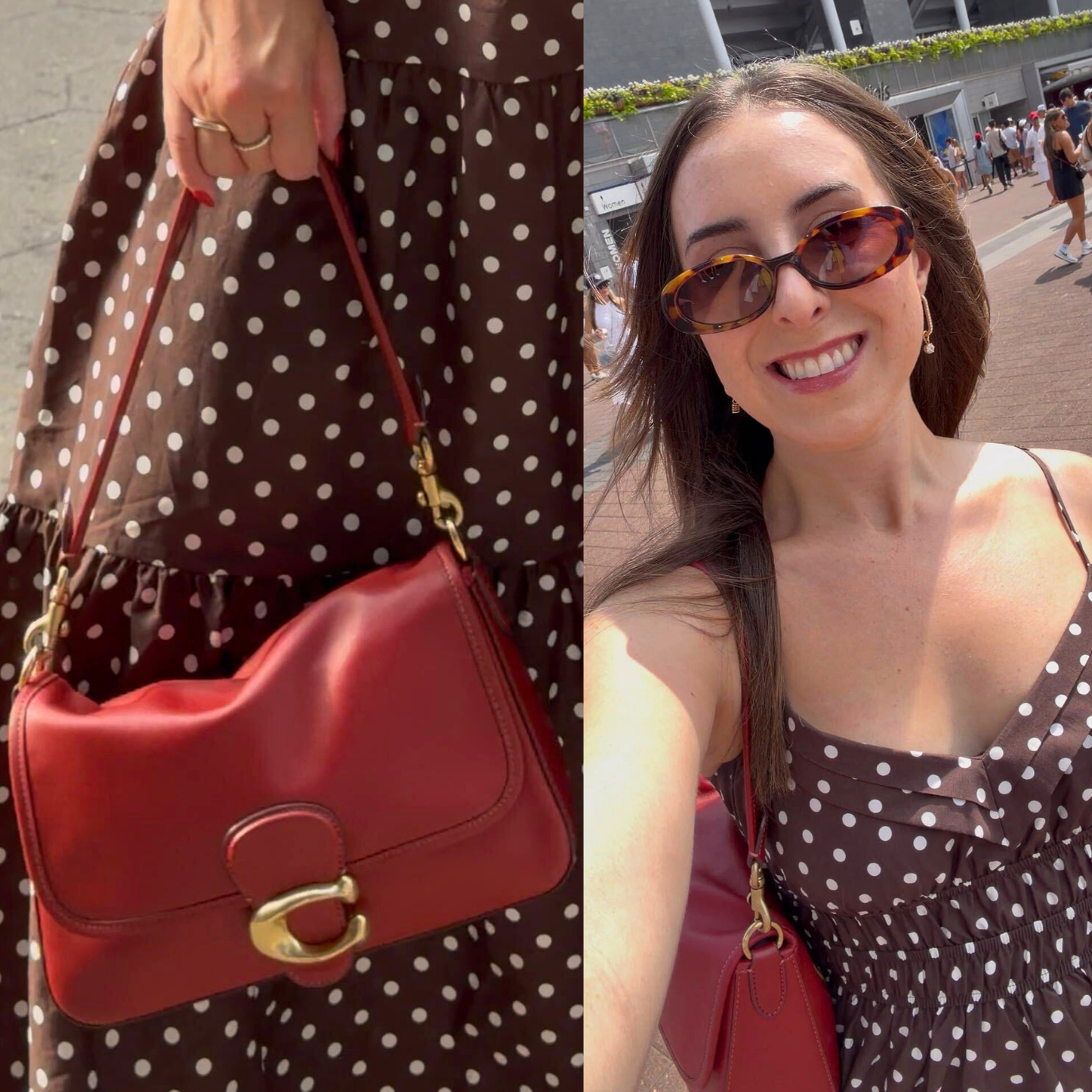 Christina DAmbrosio, Deputy Director of Social Media carrying a red Coach bag