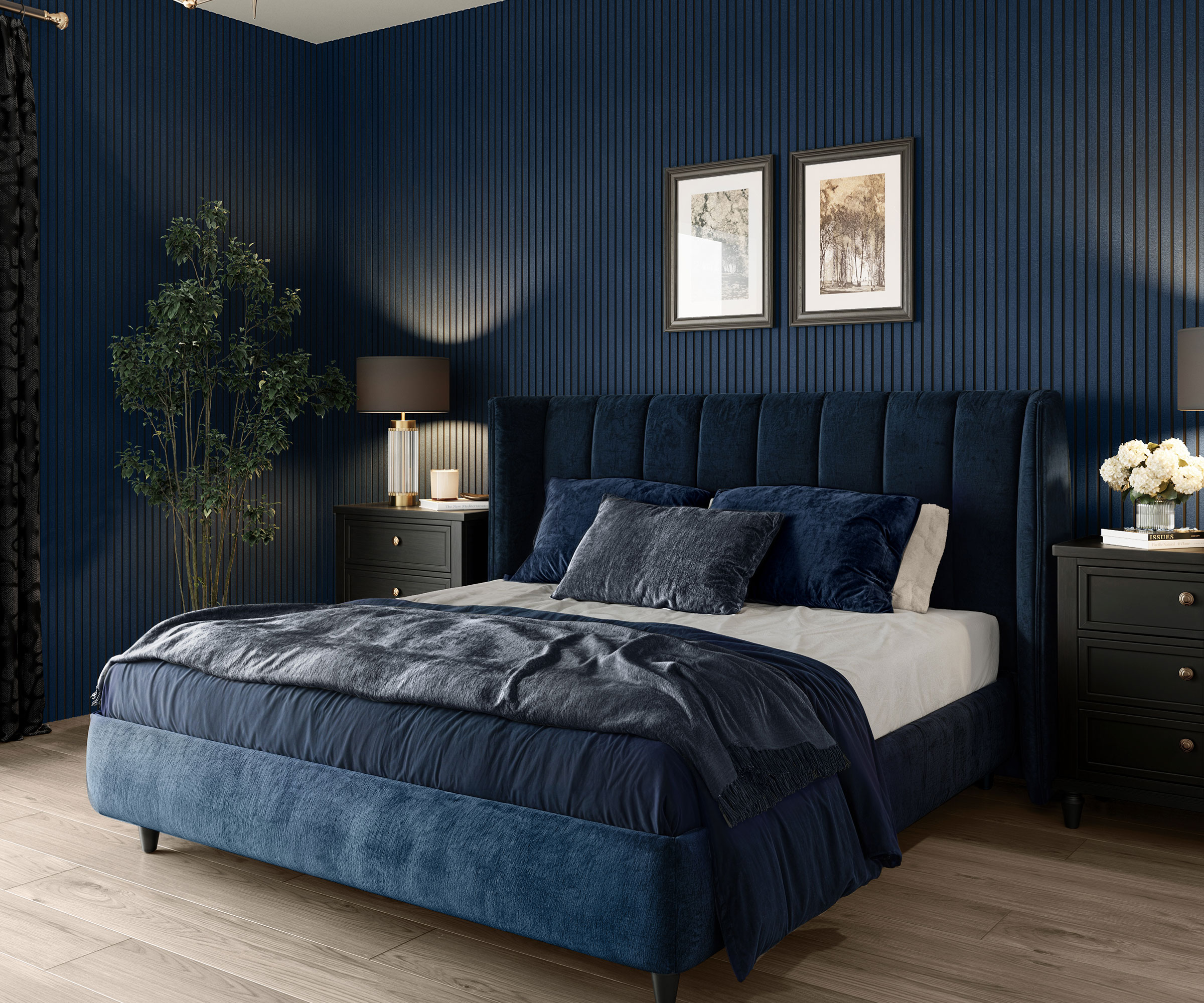 blue bedroom with blue wall panelling and blue velvet bed