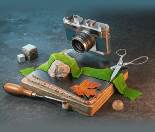 Image of a camera floating above a block of wood covered with a rock, covered in green silk, being cut by scissors, and an orange leaf, plus chisel tool