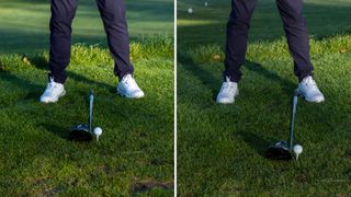 PGA pro Dan Hendriksen demonstrating a good and bad ball position for hitting a driver