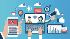 Graphic with a mobile phone user, laptop user and other analytical and cloud services