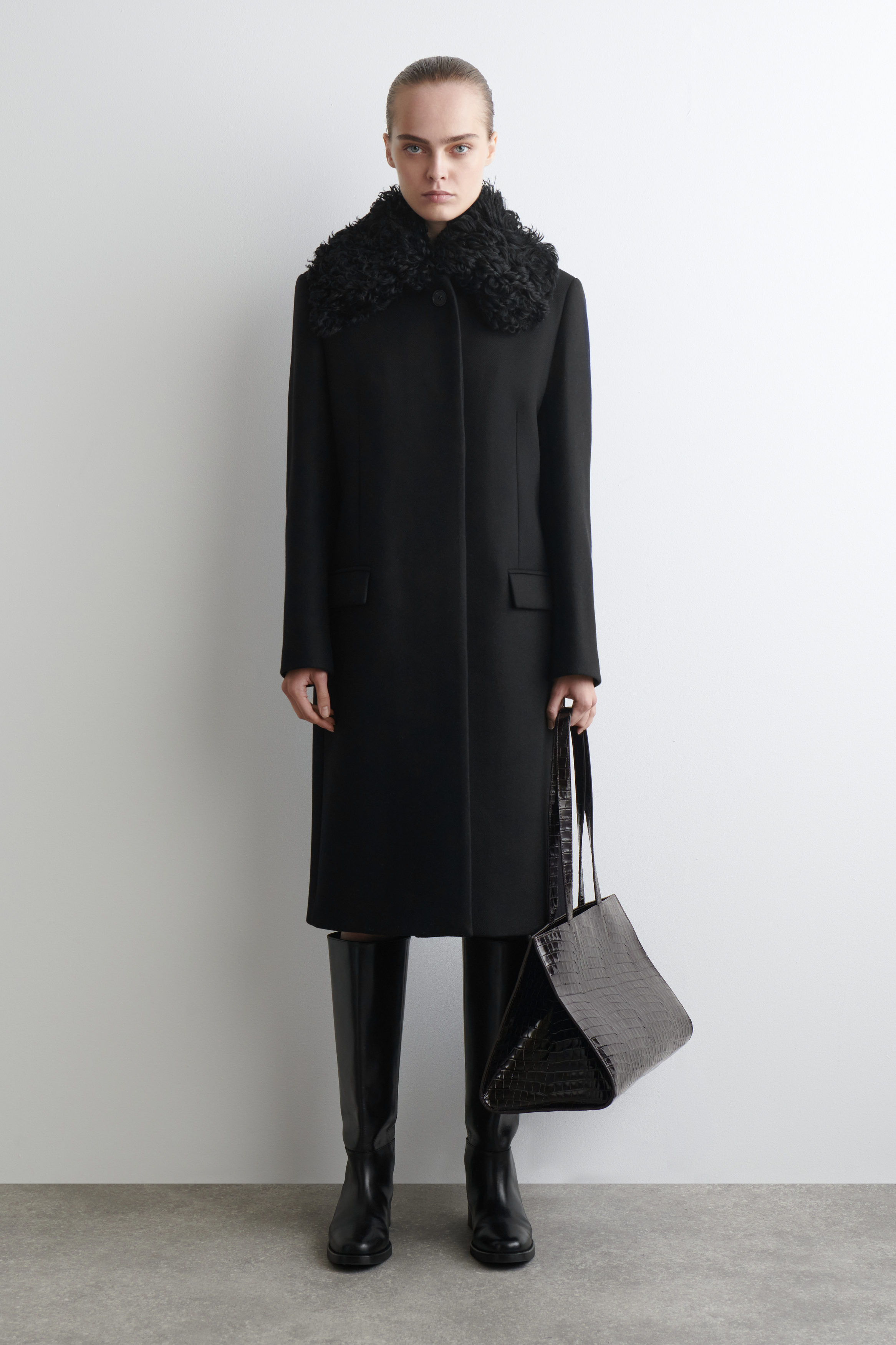 Shearling-Collar Wool Long Coat