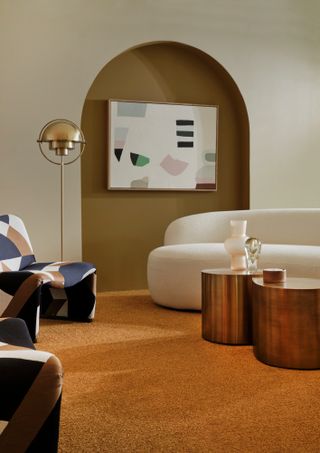 Living room with green and brown-yellow walls and orange carpet