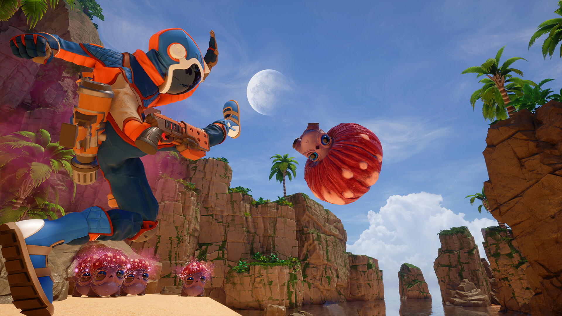 Promotional screenshot of a player kicking a monster in the head in Revenge of the Savage Planet.