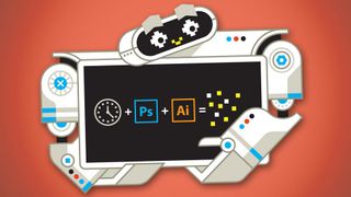 Illustrated robot holding a chalkboard with clock face + Photoshop + Illustrator = coins