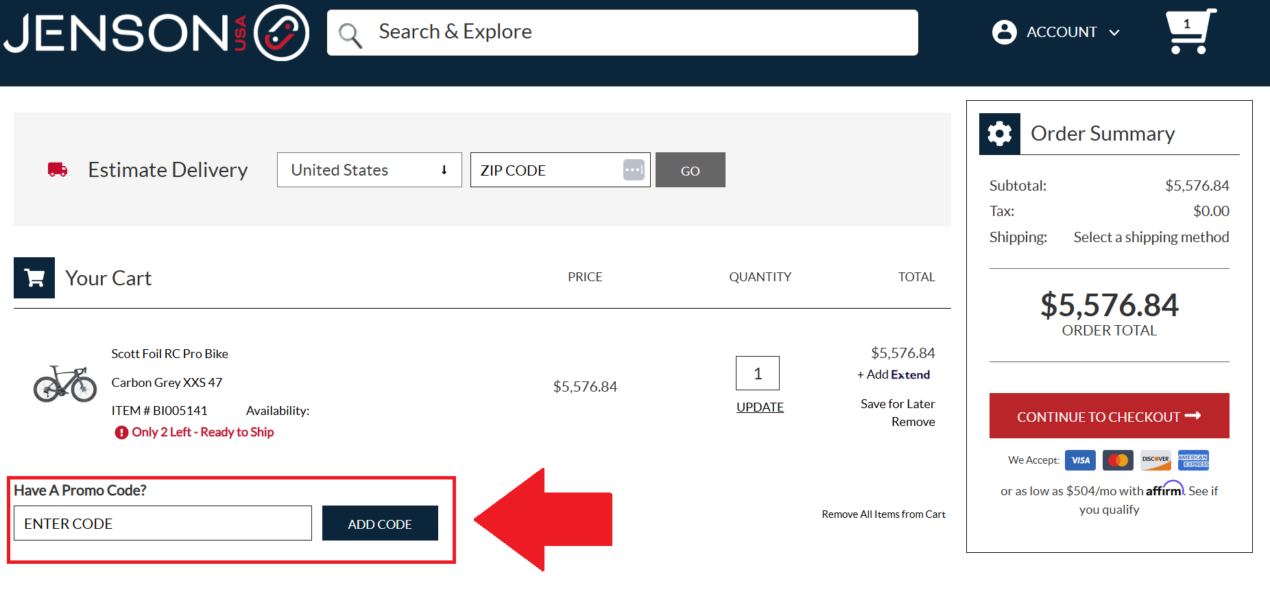 A screenshot of the jenson usa checkout page showing where and how to use a jenson usa promo code
