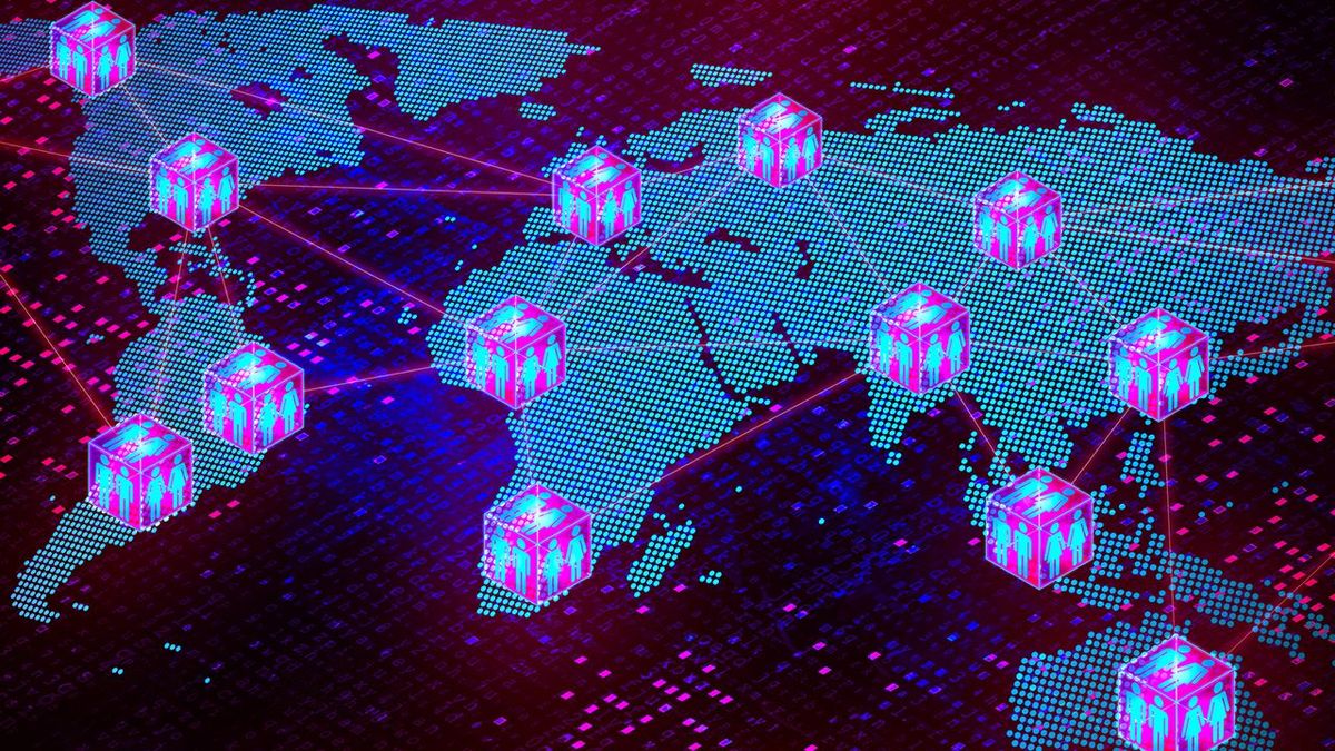 A blue and purple digital representation of the world map showing boxes connected by dotted lines