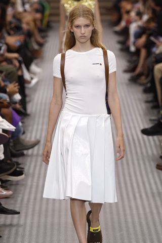 A model walks the runway during the Miu Miu Paris Womenswear Spring-Summer 2025 show as part of Paris Fashion Week