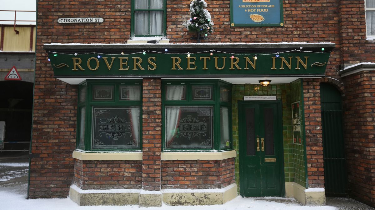 Rovers Return in Coronation Street covered in snow 