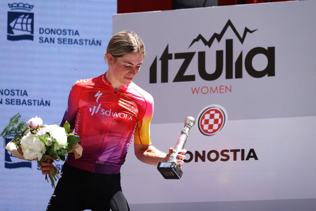 SAN SEBASTIAN SPAIN MAY 15 Demi Vollering of Netherlands and Team SD Worx celebrates at podium as stage winner during the 1st Itzulia Women 2022 Stage 3 a 1398km stage from DonostiaSan Sebastin to DonostiaSan Sebastin ItzuliaWomen UCIWWT on May 15 2022 in San Sebastian Spain Photo by Gonzalo Arroyo MorenoGetty Images