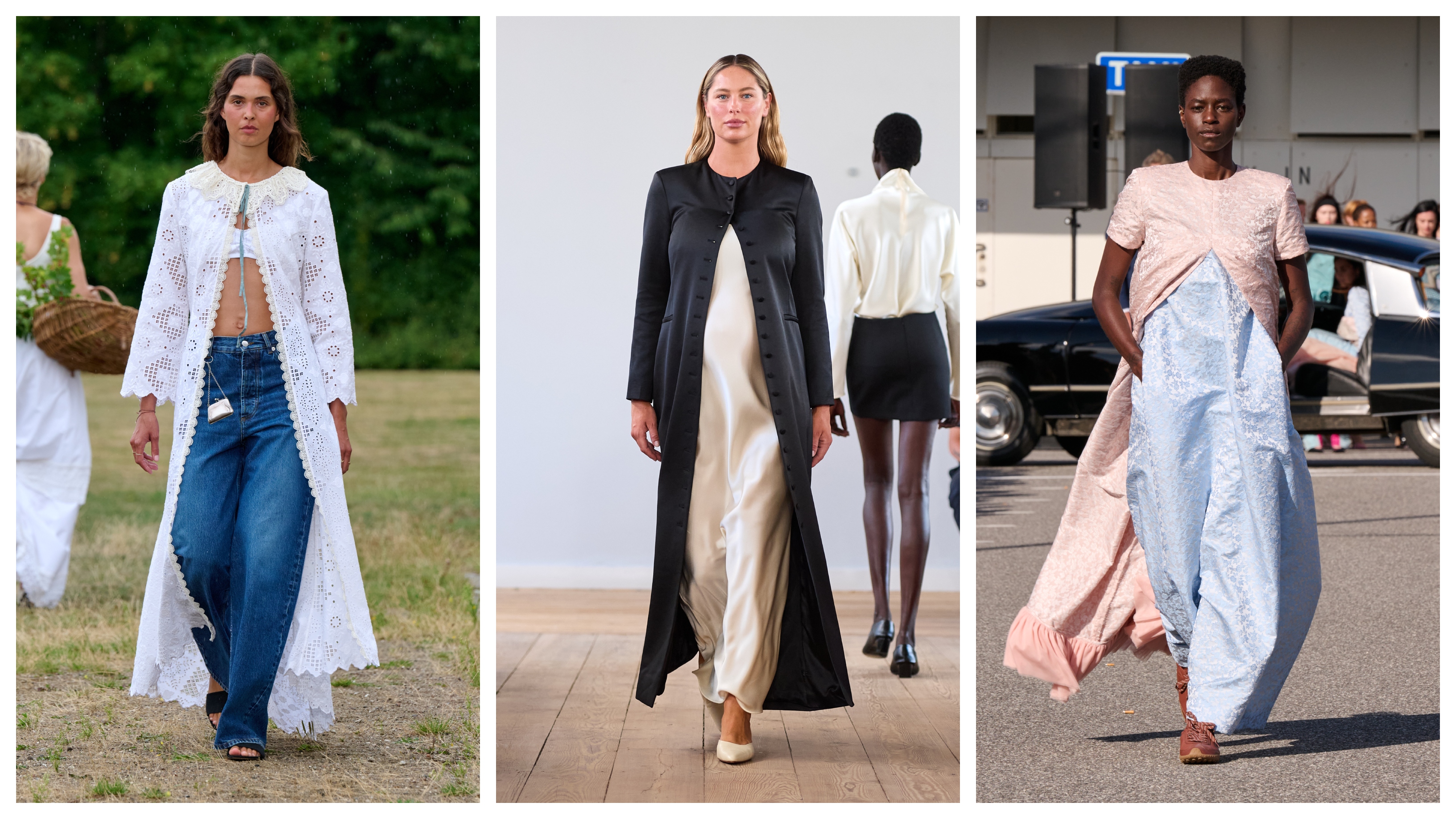 A collage featuring models wearing duster trend on the runways of Copenhagen Fashion Week spring/summer 2027.