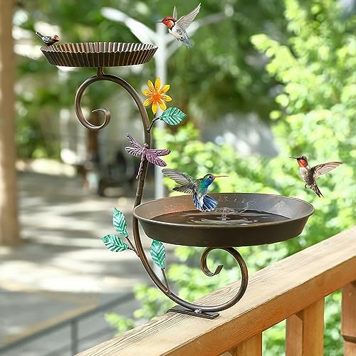 Deck Bird Bath and Feeder, Detachable Metal Bird Baths for Deck Railing, Antique Decorative Bird Bath Bowl With Adjustable Heavy Duty Clamp for Outdoor Balcony Patio Porch Garden Rail Mount
