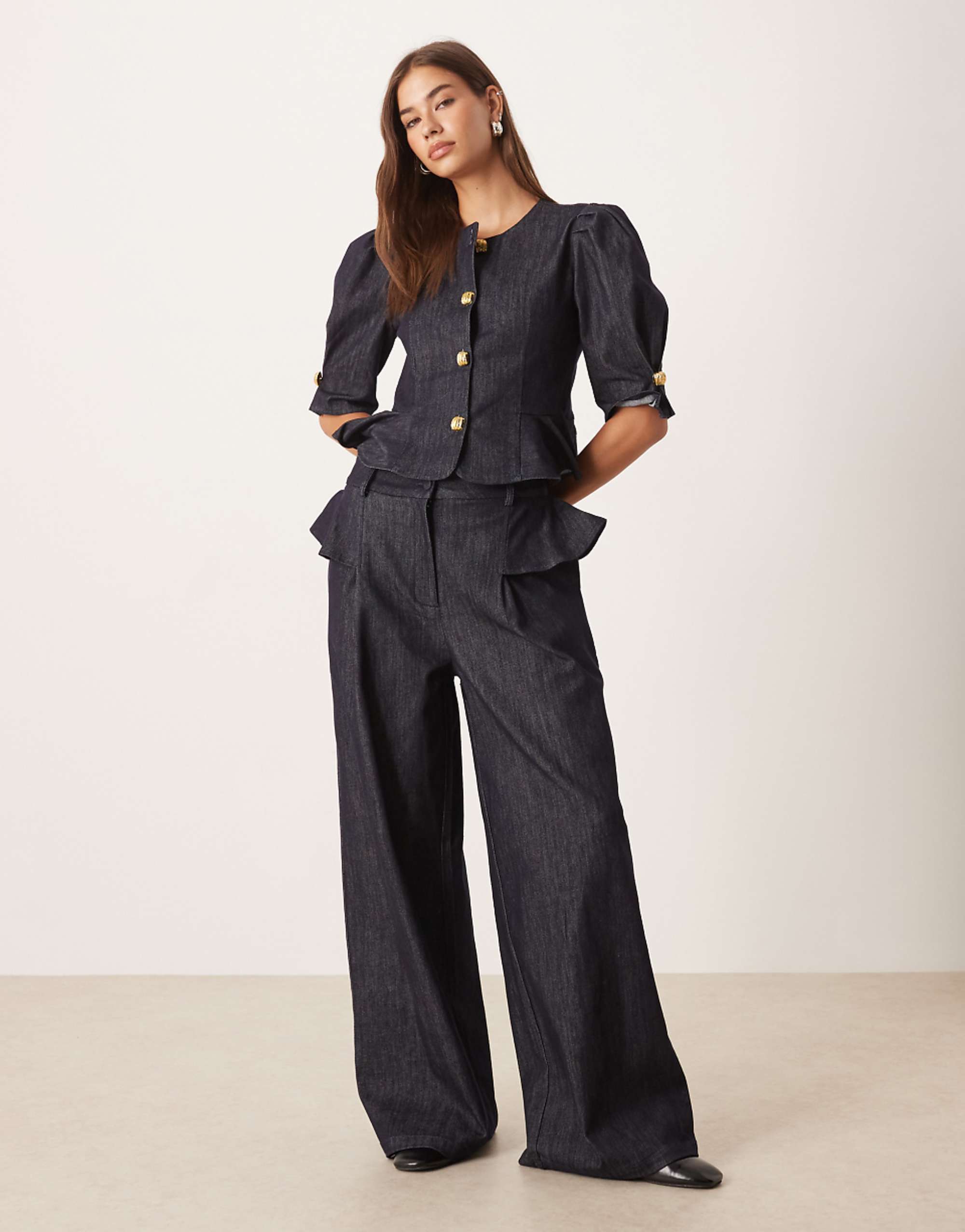 Sister Jane Denim Ruffle Detail Wide Leg Jeans in Deep Blue (part of a Set)