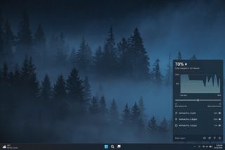 A screenshot of the Battery Flyout application on Windows 11 showing battery metrics, power settings, and usage statistics.