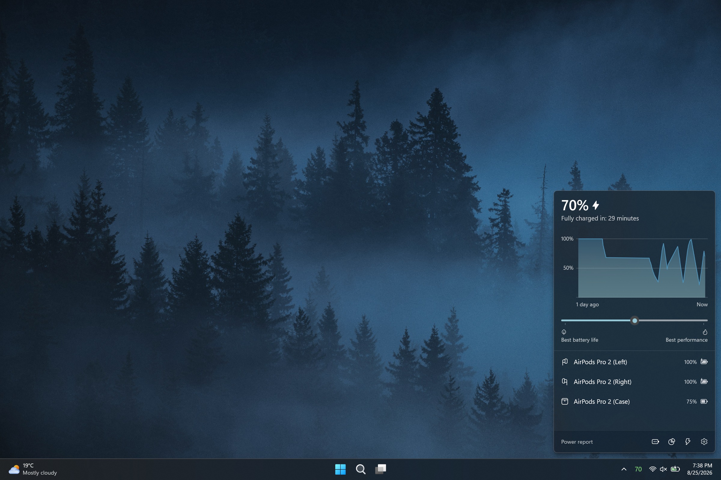 A screenshot of the Battery Flyout application on Windows 11 showing battery metrics, power settings, and usage statistics.