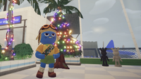 Screenshot from Peak's winter update, showing a blue-skinned character smiling at the airport in front of a lit up Christmas tree.