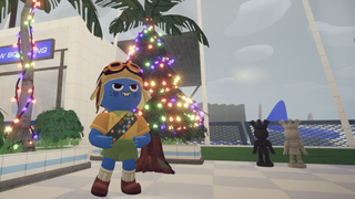 Screenshot from Peak's winter update, showing a blue-skinned character smiling at the airport in front of a lit up Christmas tree.