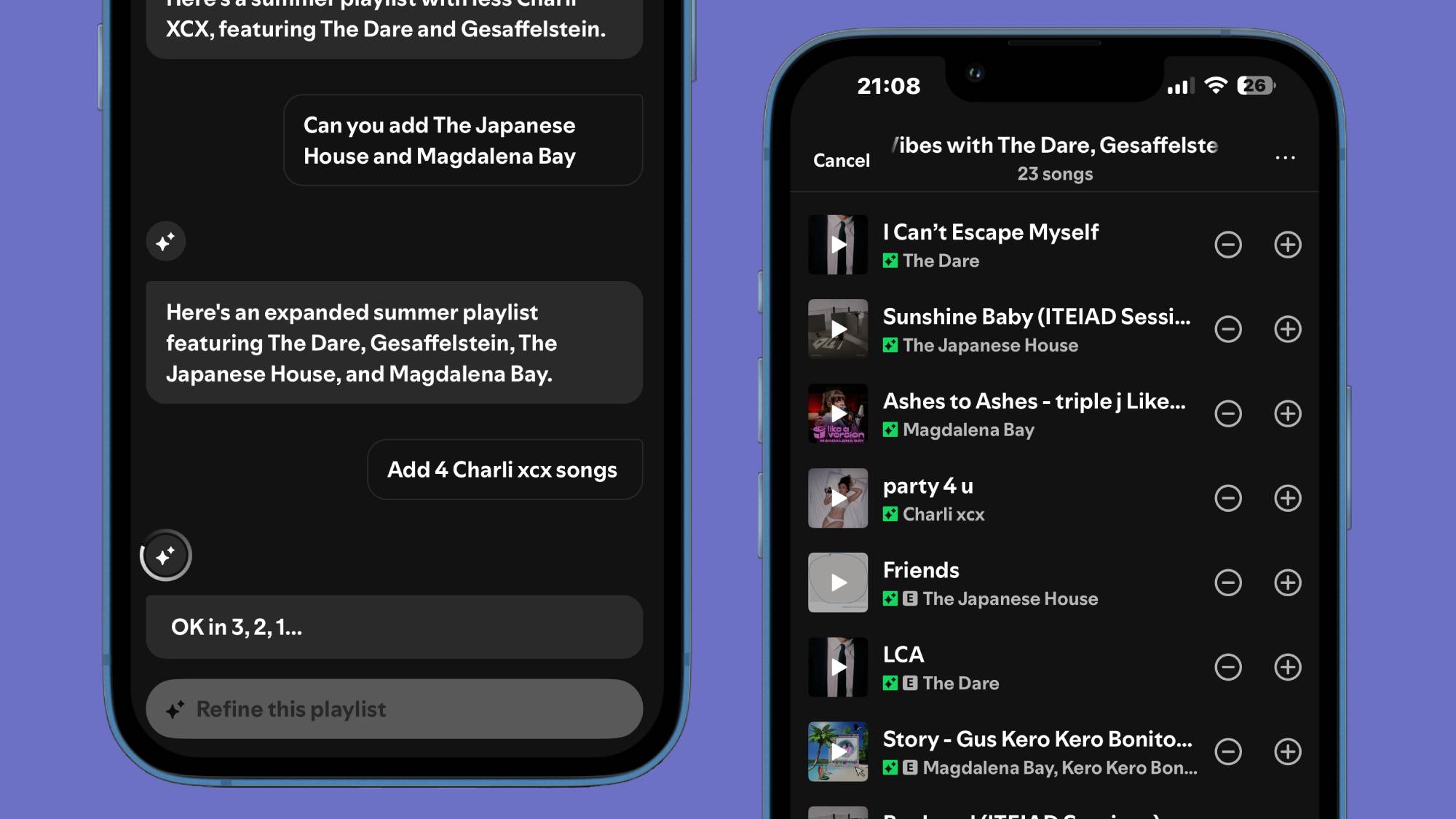 Screenshots of Spotify creating a festival AI playlist