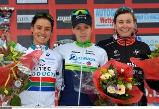 South African champion Ashleigh Moolman-Pasio, Emma Johansson and Sofie De Vuyst on the Le Samyn podium
