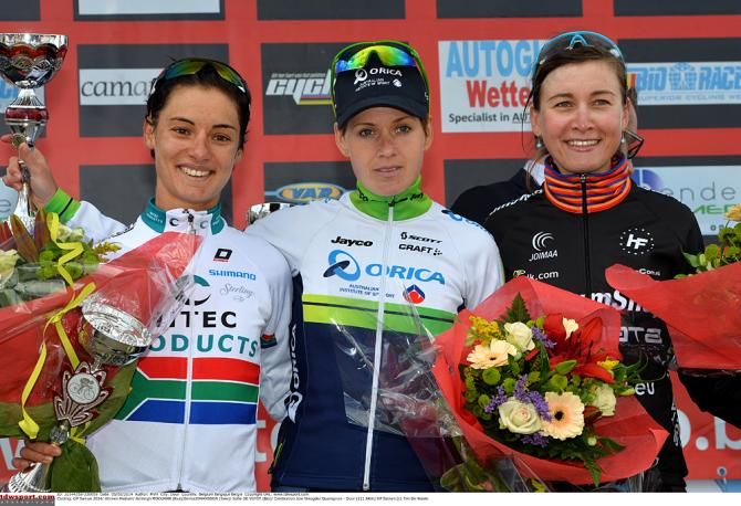South African champion Ashleigh Moolman-Pasio, Emma Johansson and Sofie De Vuyst on the Le Samyn podium