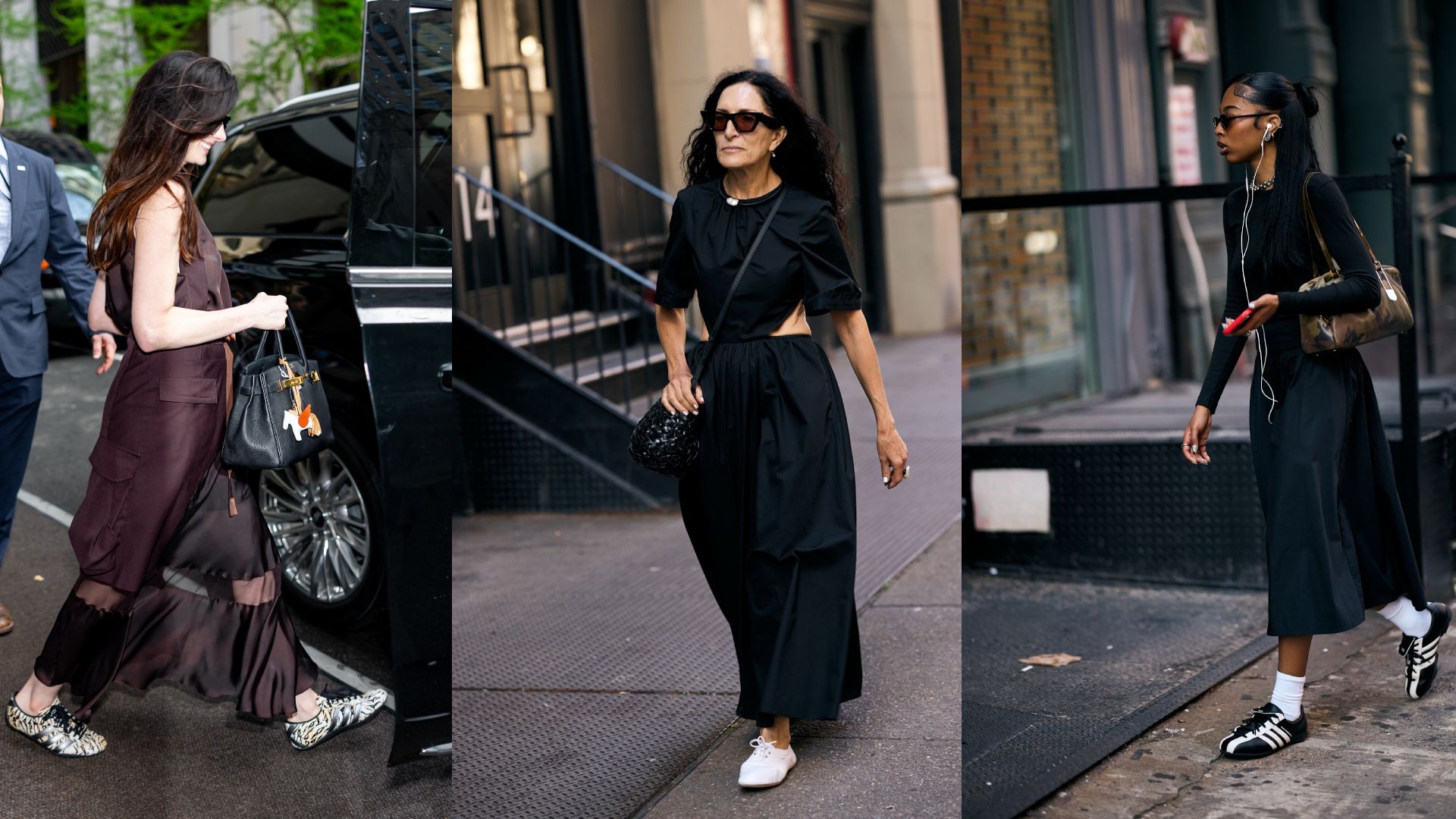 A collage of Anne Hathaway wearing a silk dress and sneakers, and two NYFW street style shots of women in black dresses and sneakers