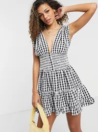 ASOS DESIGN shirred waist button front tiered mini sundress in crinkle in gingham