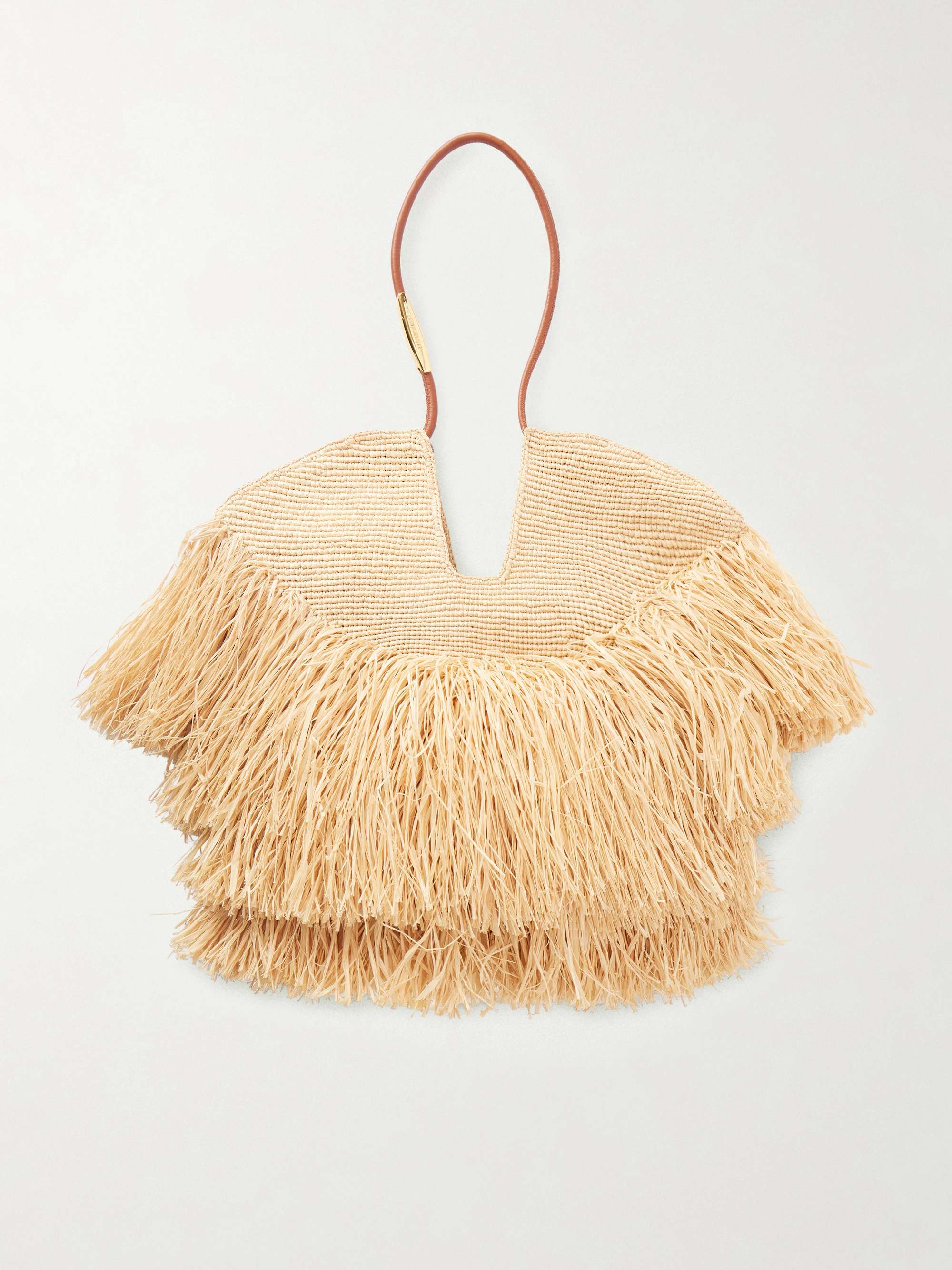 Goldentime Medium Fringed Leather-Trimmed Raffia Tote