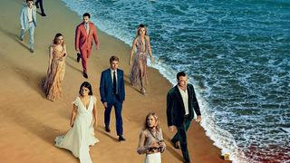 Audiobook cover cropped featuring the Netflix cast of The Perfect Couple walking on the beach