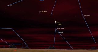 An illustration of the night sky on Jan. 23 showing the crescent moon alongside Venus and Saturn.