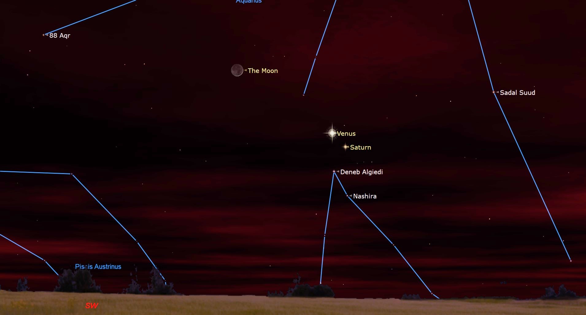 Illustration of the night sky on January 23 showing the crescent moon alongside Venus and Saturn.