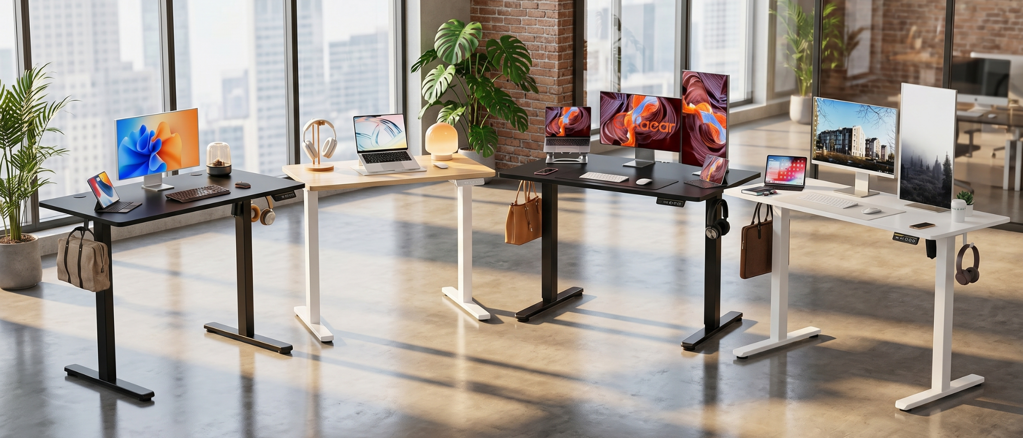 Four standing desks in a brightly lit, open-plan office