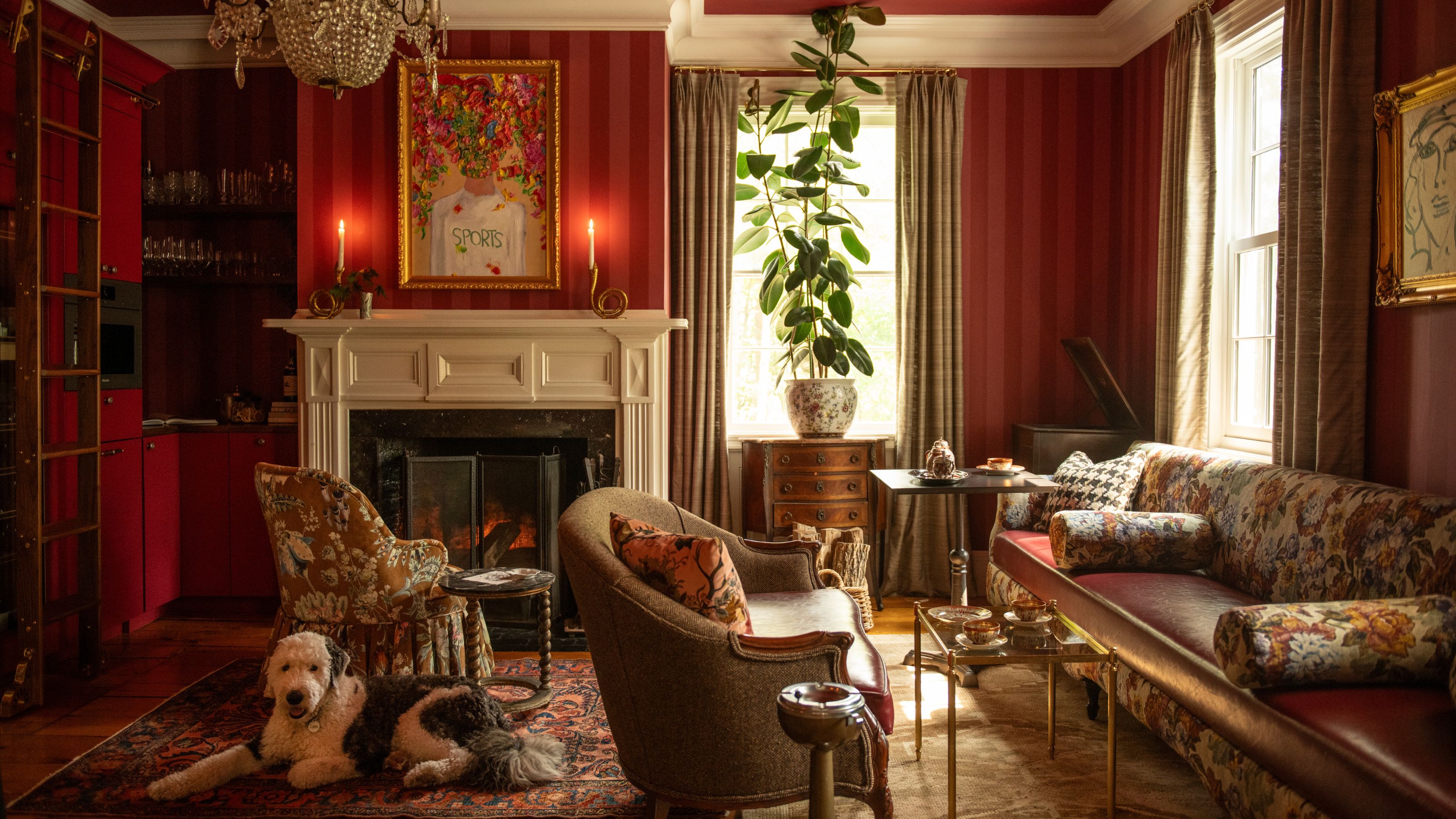 Nicole Fisher's family living room in the Hudson Valley, featuring pink-and-red striped wallpaper, and ornate crystal chandelier, pattern-filled furniture, and a dog relaxing on the floor