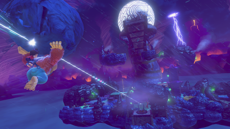 Donkey kong bananza screenshot showing DK and pauline jumping toward an island with a big rock