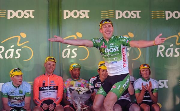 Stage winner Gediminas Bagdonas (An Post-Sean Kelly) makes his way to collect his points leader jersey following the final stage of the 2012 An Post R&aacute;s