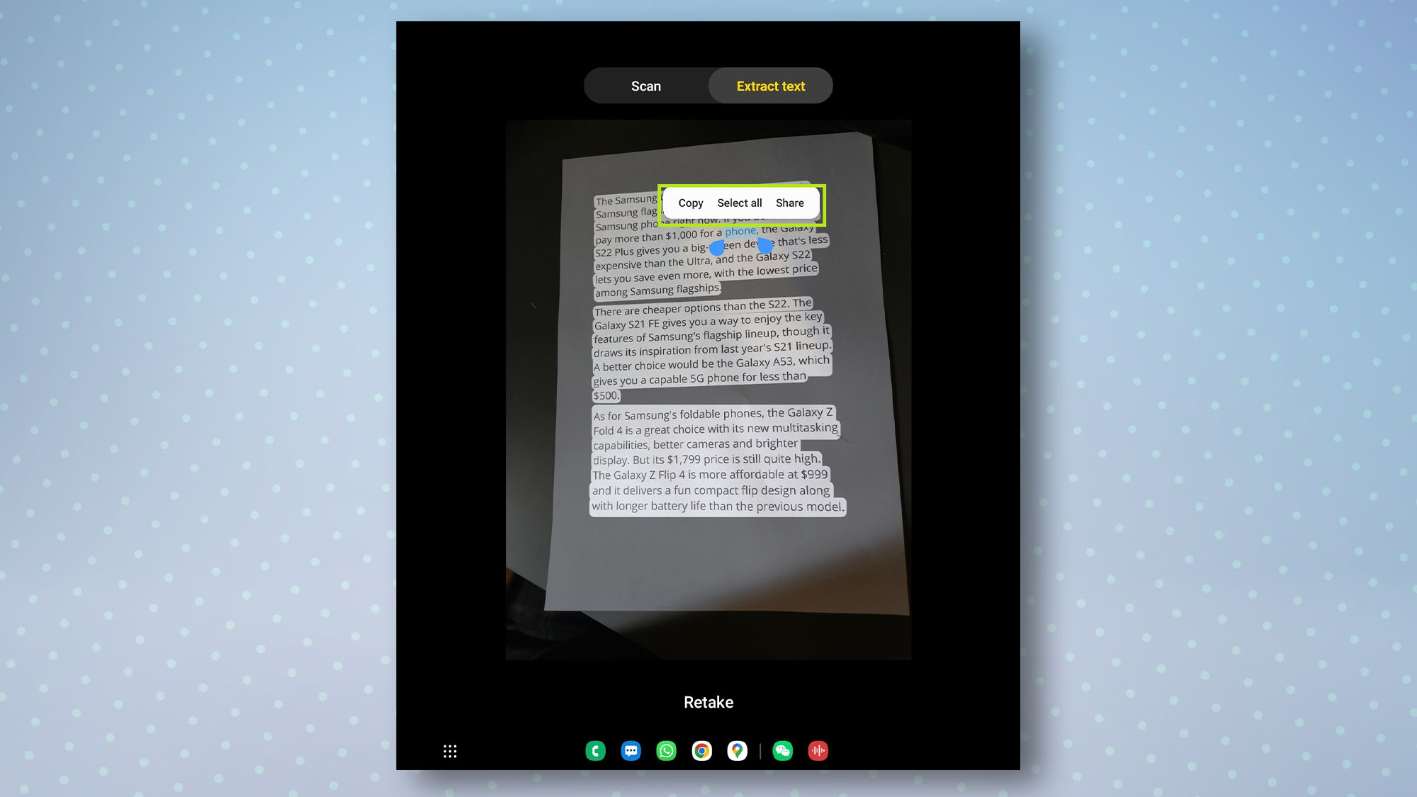 Приложение Samsung для сканирования с просмотром документа и опцией извлечения текста