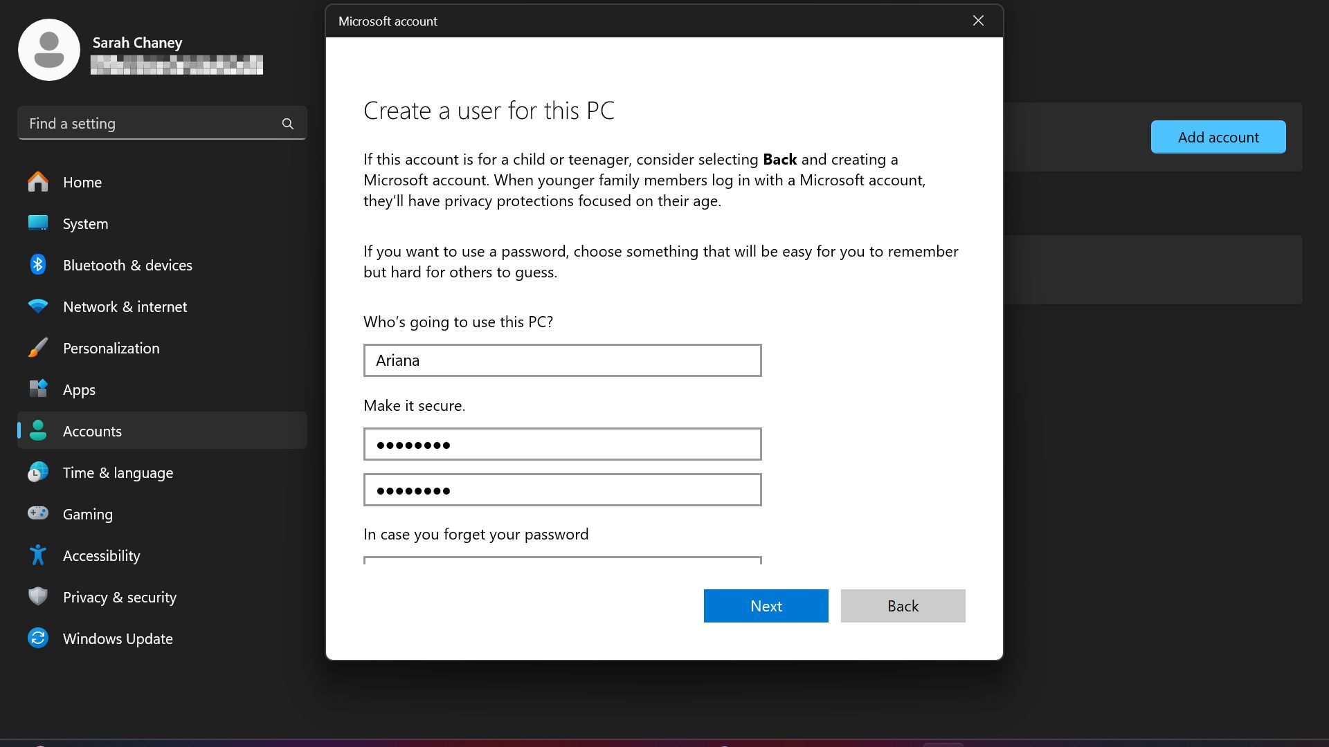 adding new user account username and password on windows 11