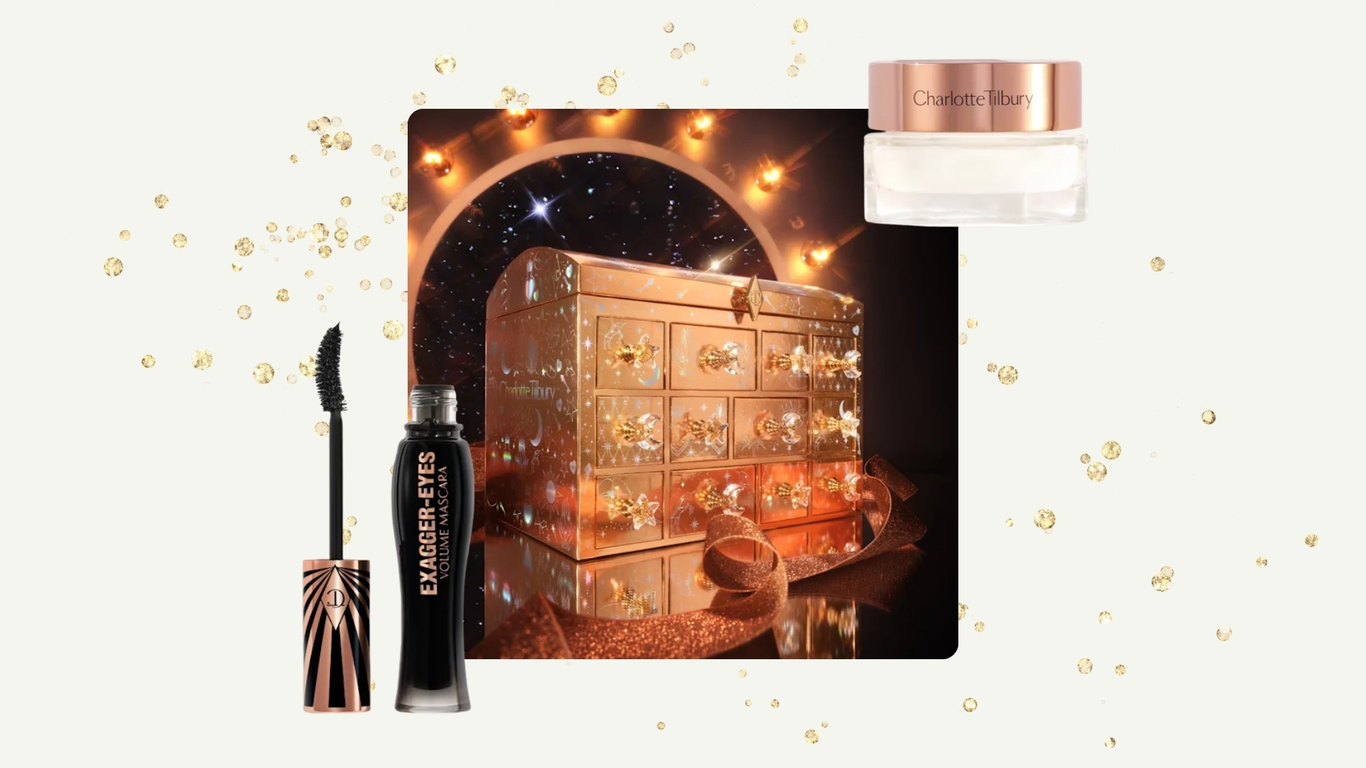 Image of gold Charlotte Tilbury Advent Calendar 2025 treasure chest on a neutral background with gold glitter, Exagger-eyes Mascara and Magic Cream