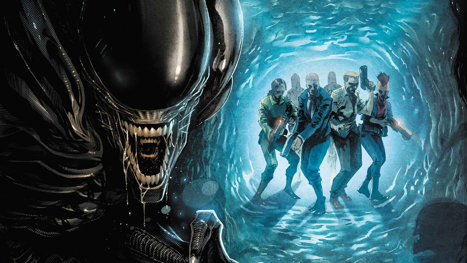 A Xenomorph lurks while a group of armed people search for it.