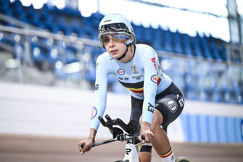 Belgian Shari Bossuyt pictured in action during a training session of the delegation for the upcoming World Track Cycling Championships, Tuesday 14 October 2025 in Gent. The competition will take place in Santiago, Chile, from 22 to 26 October 2025. BELGA PHOTO TOM GOYVAERTS (Photo by Tom Goyvaerts / BELGA MAG / Belga via AFP)