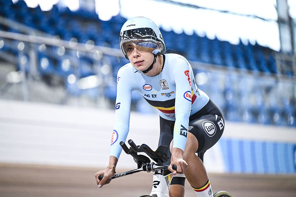 Belgian Shari Bossuyt pictured in action during a training session of the delegation for the upcoming World Track Cycling Championships, Tuesday 14 October 2025 in Gent. The competition will take place in Santiago, Chile, from 22 to 26 October 2025. BELGA PHOTO TOM GOYVAERTS (Photo by Tom Goyvaerts / BELGA MAG / Belga via AFP)