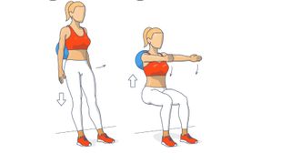 Vector woman performing a wall sit with stability ball between her back and the wall and arms outstretched