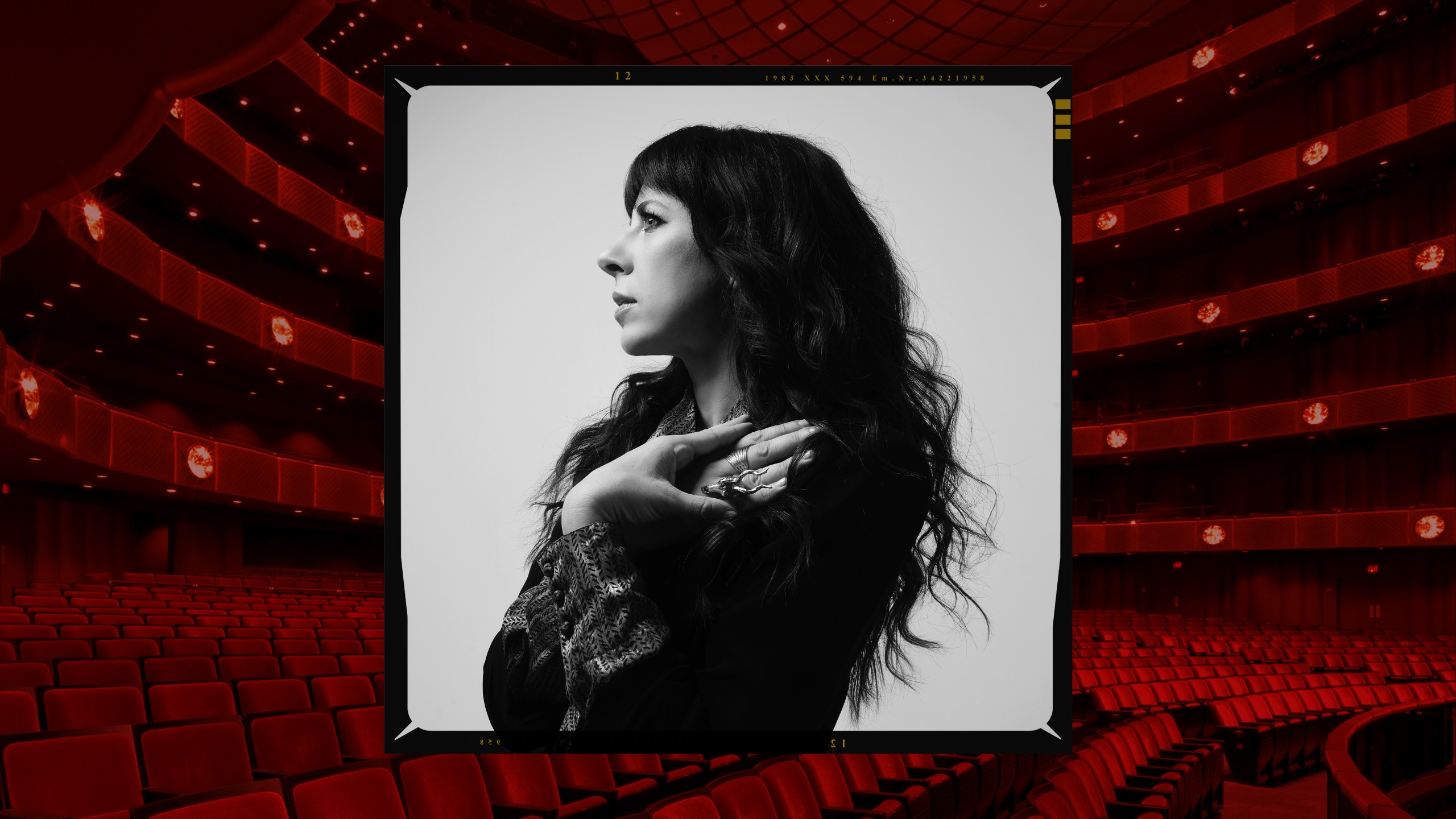 a black and white headshot of composer missy mazzoli looking to the side plastered over an image of red seats in an opera house 
