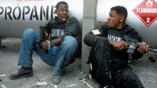 Martin Lawrence and Will Smith as Marcus and Mike in front of a propane tank Bad Boys film