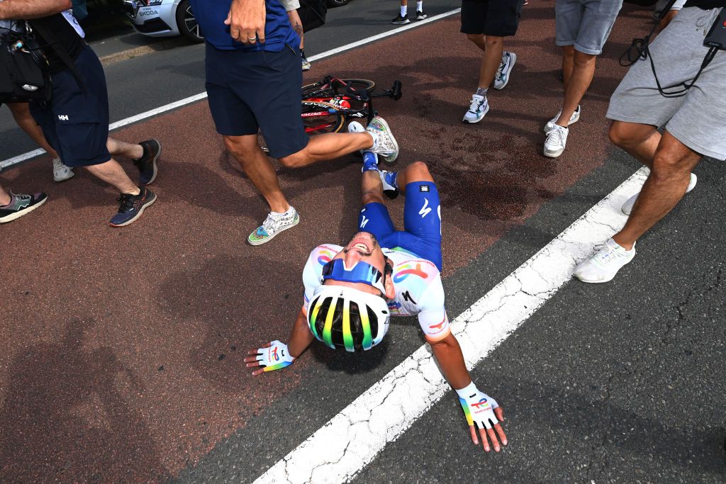 BELLEVILLEENBEAUJOLAIS FRANCE JULY 13 Mathieu Burgaudeau of France and Team TotalEnergies reacts after the stage twelve of the 110th Tour de France 2023 a 1688km stage from Roanne to Belleville en Beaujolais UCIWT on July 13 2023 in Belleville en Beaujolais France Photo by Tim de WaeleGetty Images