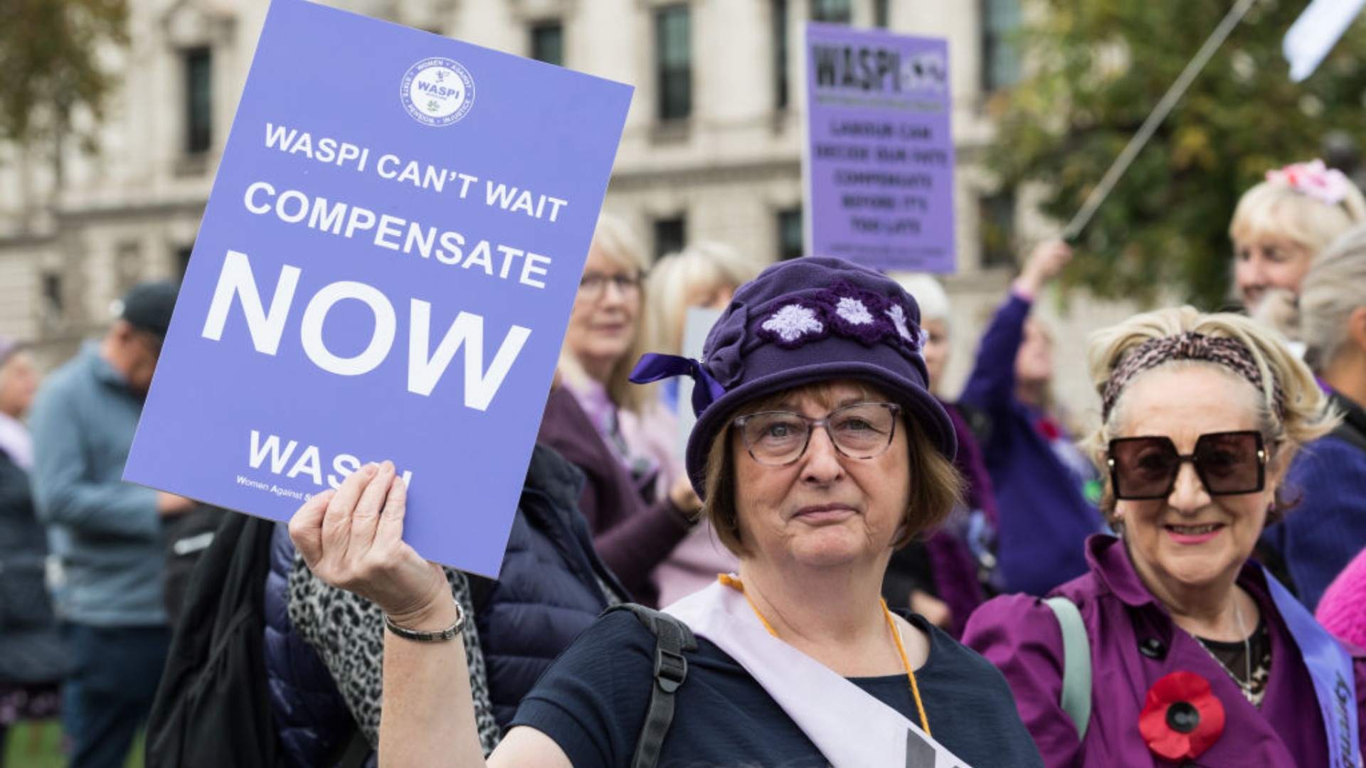 Women Against State Pension Inequality (WASPI) campaigners and their supporters demonstrate in Parliament Square on Budget Day